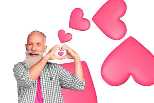 Poster banner collage picture of old happy man make heart symbol on pink color background