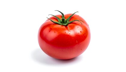 A single, ripe tomato sits isolated on a white background. The fruit is a vibrant red, reflecting light, with a green stem