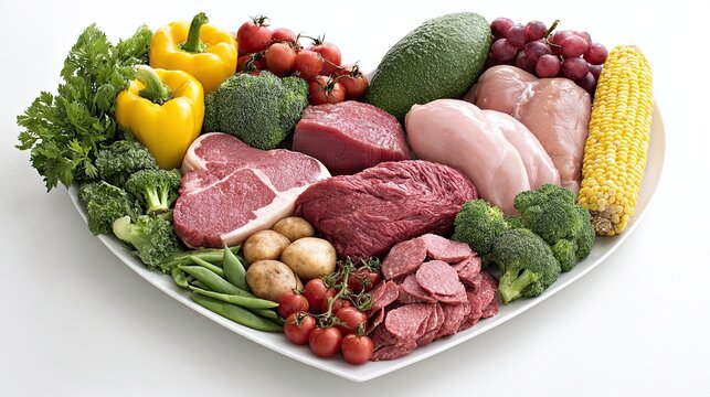 Fresh assortment of meats and vegetables arranged on white plate for balanced healthy meal