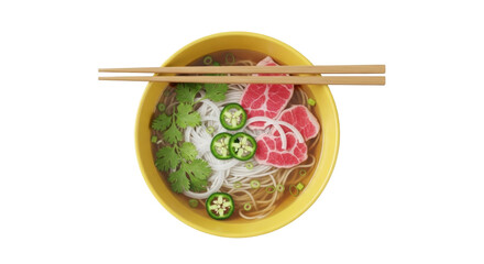 Isolated yellow bowl of Vietnamese Pho noodles with sliced beef, cilantro, jalapenos, and chopsticks