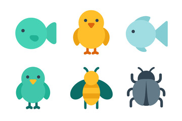 Fototapeta premium Simple flat design collection of six animal icons including fish, birds, bee, and beetle