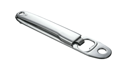 Close-up, shiny metallic bottle opener on a stark black background, angled