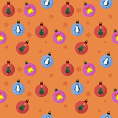 Christmas Seamless Pattern Vector: Ornaments with Penguin, Tree, and Bell Designs on a Starry Background. Flat Art for Wrapping Paper and Fabric.