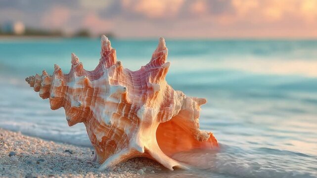 A detailed shot showcases a spired conch shell near the edge of the ocean