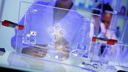 Scientist Interacting with Futuristic Holographic Display in Lab - Powered by Adobe