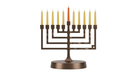 Isolated Bronze Hanukkah Menorah with Lit Candles, Jewish Holiday Celebration, Religious Ritual