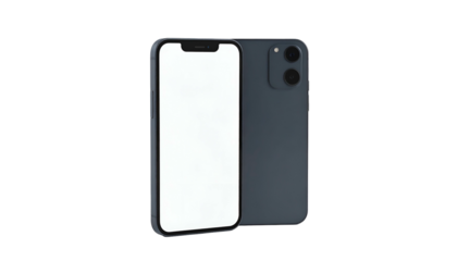 Two modern, dark blue smartphones, one front-facing with blank screen, other displaying back