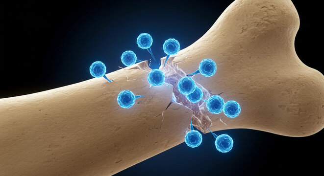 Bone fragment healing with blue glowing stem cells, concept of bone regeneration and medical biotechnology