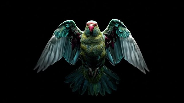 Parrot in flight vibrant plumage against a dark background