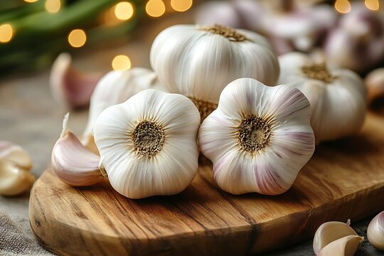Close up of several heads of garlic and cloves on a wooden cutting board with blurred background - Powered by Adobe