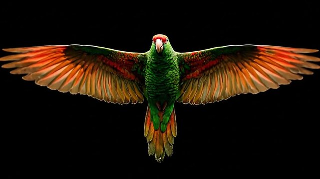 Vibrant parrot with open wings on black background