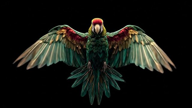 Colorful parrot in flight against a dark backdrop concept