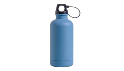 A blue insulated water bottle with a black cap and loop handle, isolated on black