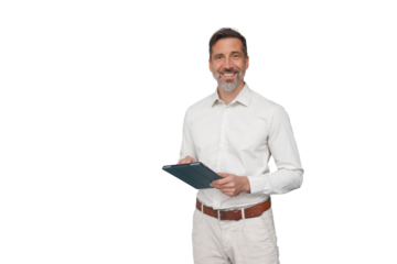 Smiling professional man holding a modern tablet, planning digital strategy, standing confidently. Transparent background