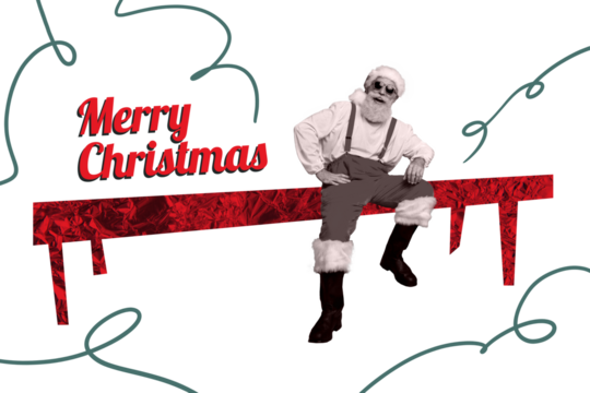 Composite photo collage of happy old man santa claus sit bench merry christmas invitation postcard event isolated on painted background