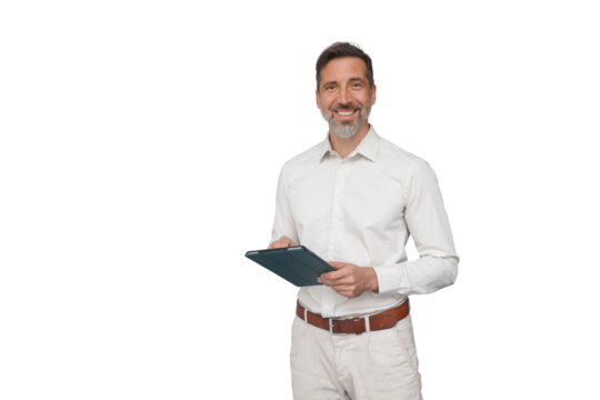 Smiling professional man holding a modern tablet, planning digital strategy, standing confidently. Transparent background