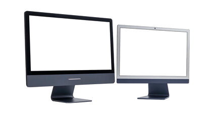 Two modern desktop computer monitors with blank, white screens, isolated on a black background