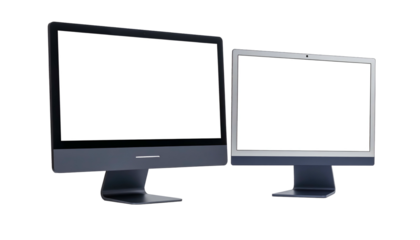 Two modern desktop computer monitors with blank, white screens, isolated on a black background