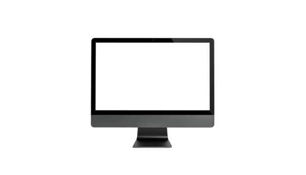 Sleek modern desktop computer with a blank, bright white screen against a black background
