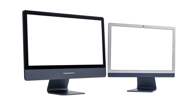 Two modern desktop computer monitors with blank, white screens, isolated on a black background