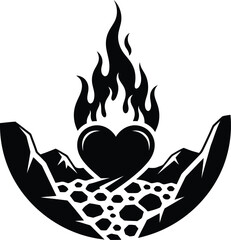 Burning Heart Illustration with Mountains and Rocks a Symbol of Passion