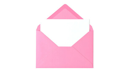 A pink envelope is open, with a blank white card inside, against a solid black background