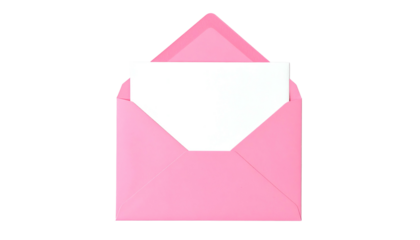 A pink envelope is open, with a blank white card inside, against a solid black background