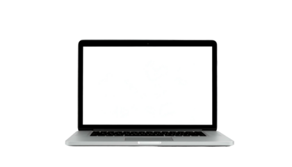 Front view of a silver laptop with blank screen, floating on a black background