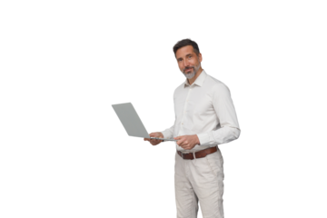 Confident businessman working on laptop, presenting, smiling, white shirt, remote work, transparent background