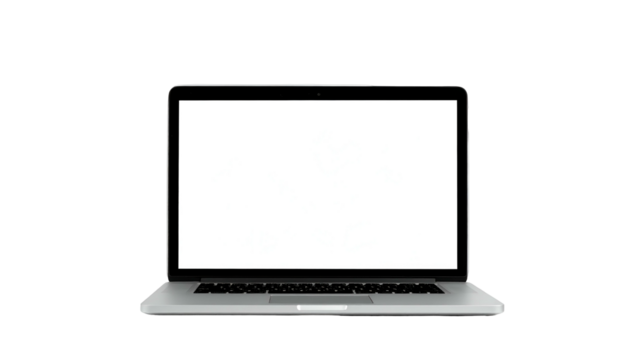 Front view of a silver laptop with blank screen, floating on a black background