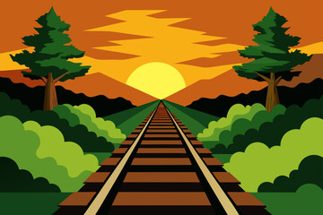 A railway track to the sunset with trees