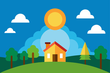 Illustration of a house in a sunny landscape