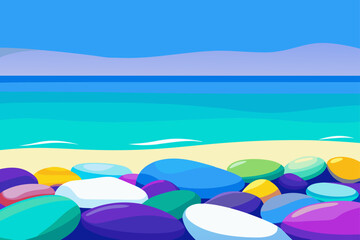 Colorful stones on a beach with blue ocean