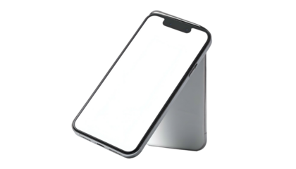 A tilted modern mobile phone with a white screen, resting on a silver stand, isolated on black