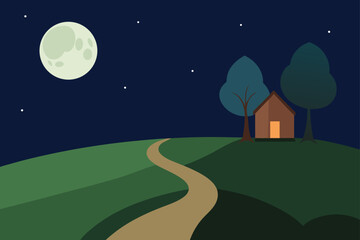 House on hill under moonlit starry night
