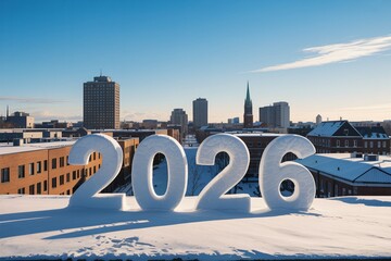 2026 typography – city skyline on snow, morning sunlight, winter reflection, outdoor modern design