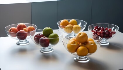 Fresh fruits arranged in transparent glass bowls indoors