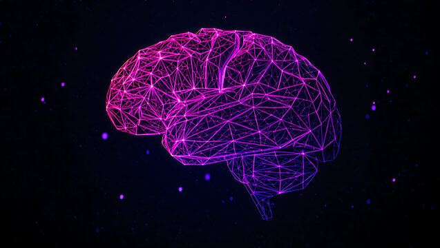 A cosmic low poly 3D model of a brain, depicted as a glowing pink and purple wireframe nebula in the vastness of space.