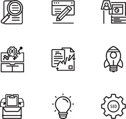 Black and white icon set for business and digital marketing concepts like SEO and research document