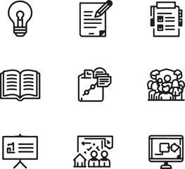 Assortment of Business and Education Line Icons Including Lightbulb Document Book Presentation and Team