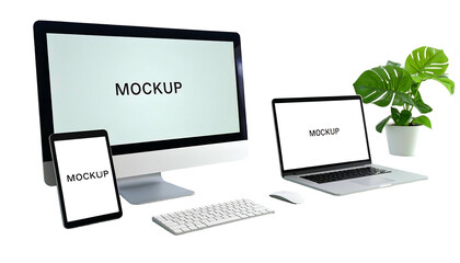 Mockup of desktop computer, laptop, tablet, keyboard, mouse, and plant with blank screens