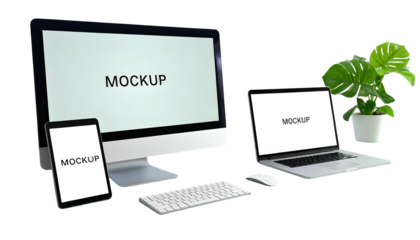 Mockup of desktop computer, laptop, tablet, keyboard, mouse, and plant with blank screens
