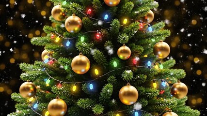 A cozy loop of a glowing Christmas tree decorated with ornaments and snowflakes — ideal for festive backgrounds and greeting videos. - Powered by Adobe