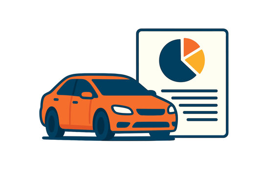 Fototapeta Orange sedan car positioned beside financial report with pie chart