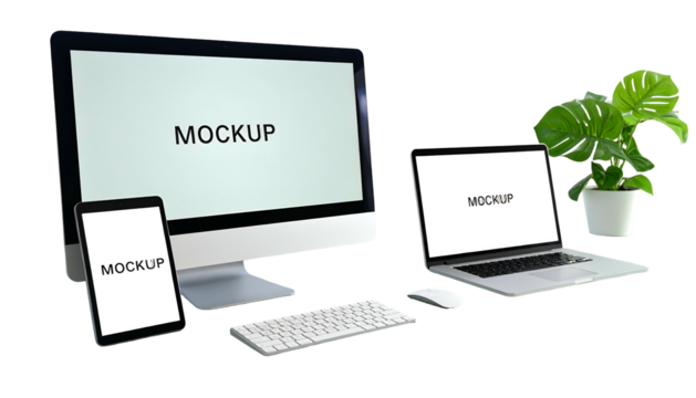 Mockup of desktop computer, laptop, tablet, keyboard, mouse, and plant with blank screens