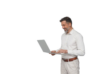 Smiling mature businessman standing, working on laptop, managing business technology and communication on transparent background
