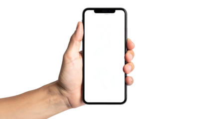 A hand holds a modern smartphone with a blank white screen against a black background
