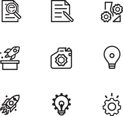 Black and white icon set for business concepts including research, documents, and startup launch vector