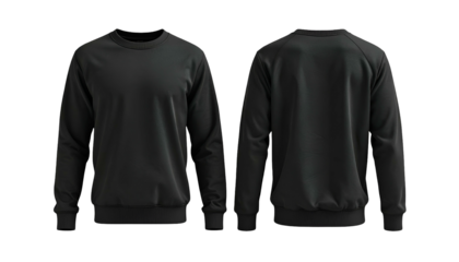 Front and back views of a plain, dark-colored sweatshirt on a black background