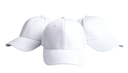 Three white, plain baseball caps in varying positions against a black background